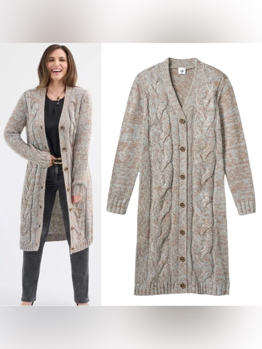 CAbi The Sparkles Sweater Long Cable Knit Sweater Cardigan Size L